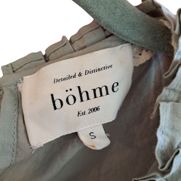 Bohme small cotton retro boho daisy embroidered tassel tie sage green blouse - Picture 4 of 5